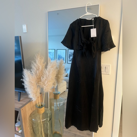 & Other Stories Silk Black Tie-Up Midi Dress with Slit - Picture 3 of 5
